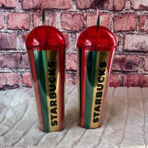 2 Starbucks 2024 Holiday Metallic Red, Green & Gold Stripe Cold Cup Dome Tumbler